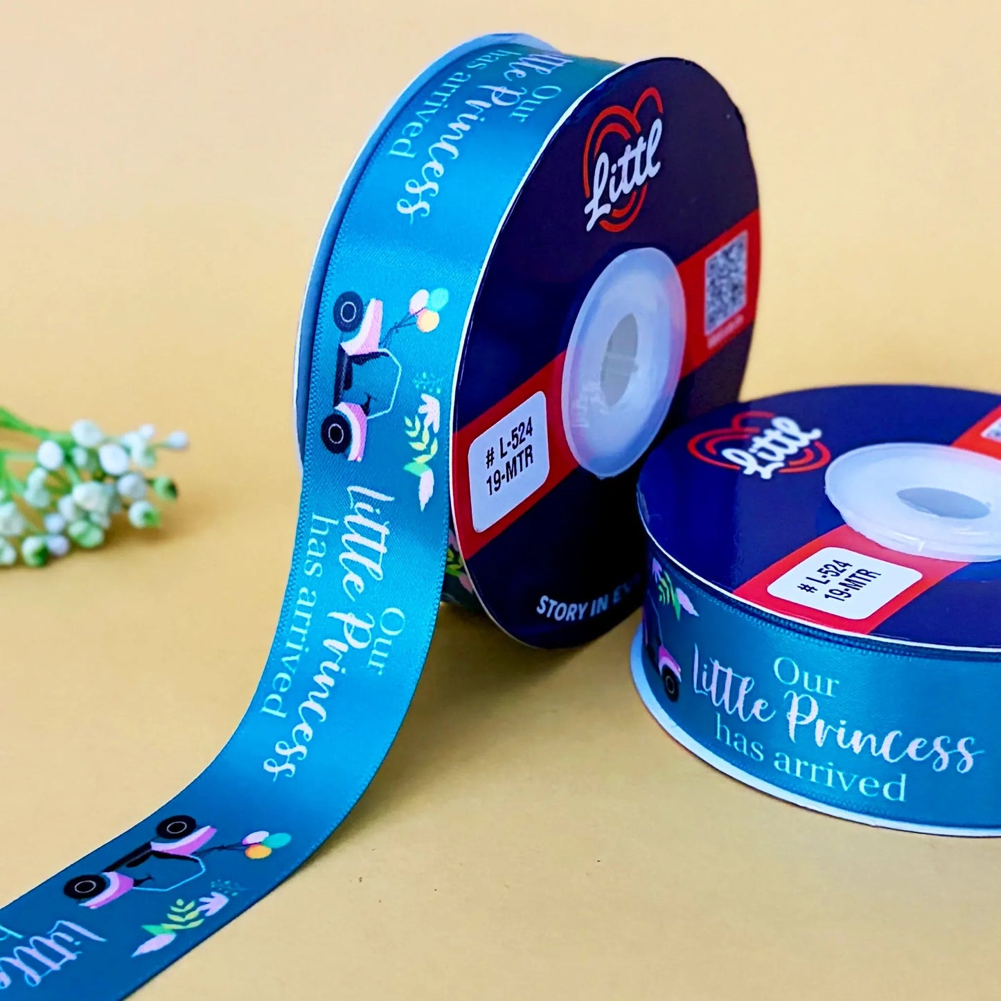 ribbon-turq-its a girl double face satin printed ribbon 1 inch 19m baby-littl ribbons