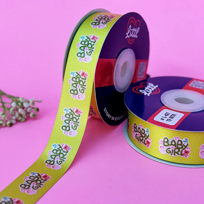It's a Girl Printed Ribbon 25mm - Full Colour Range - Olive - printed satin ribbon by Littl India