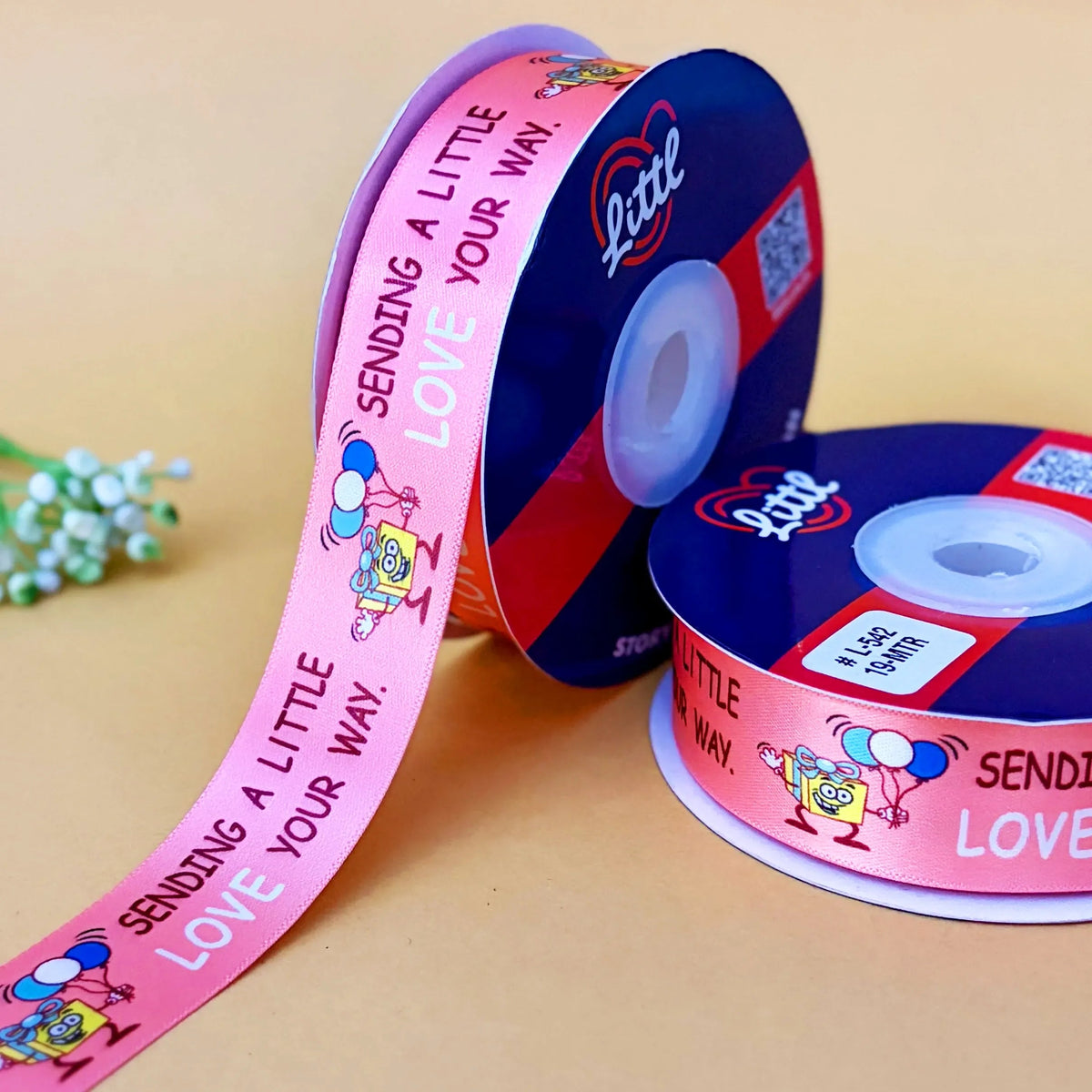 Best Wishes Printed Ribbon 1 inch (25 mm) - Alternate Colours - Peach - printed satin ribbon by Littl India