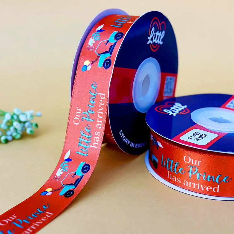 It's a Boy Printed Ribbon 25mm - Rust - printed satin ribbon by Littl India
