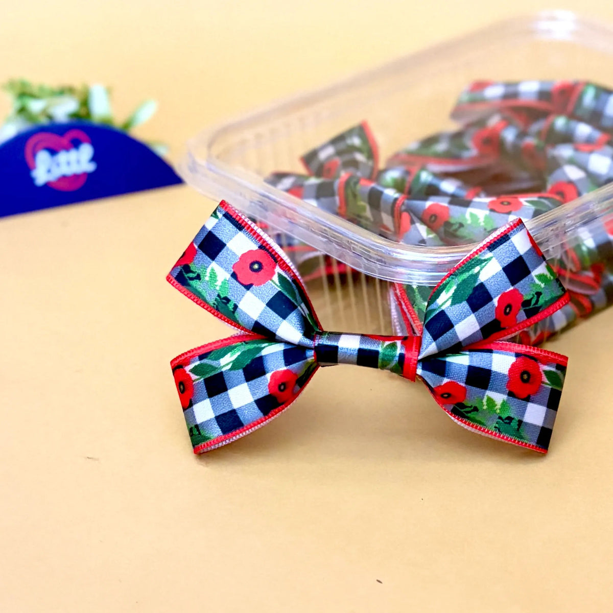 Gingham Poppy Picnic – Ready-Made Satin Bows, pack of 10, by Littl
