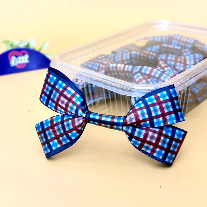 Plaid Denim Sky – Ready-Made Satin Bows, Simple or Tail, Pack of 10