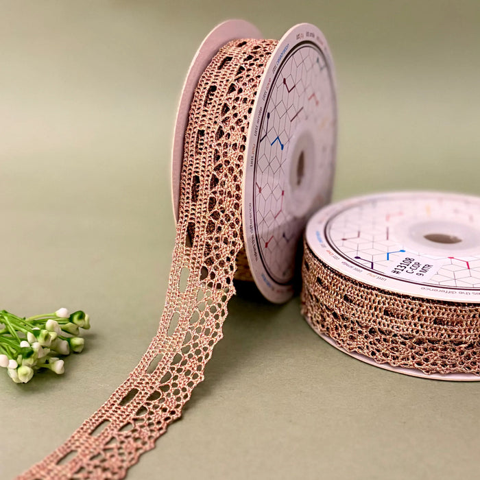 Rose Ladder Crochet – Rose Gold Metallic Lace, 25 mm