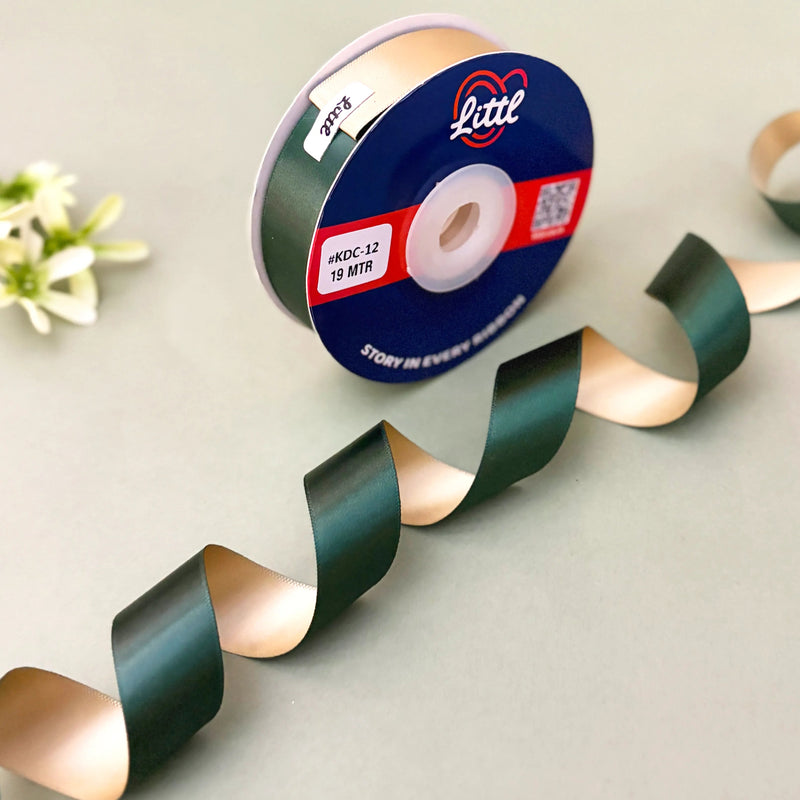 THE HERITAGE GREEN - Bottle Green & Butter Cream Dual Tone Ribbon 20mm - 20mm reversible satin ribbon by Littl India