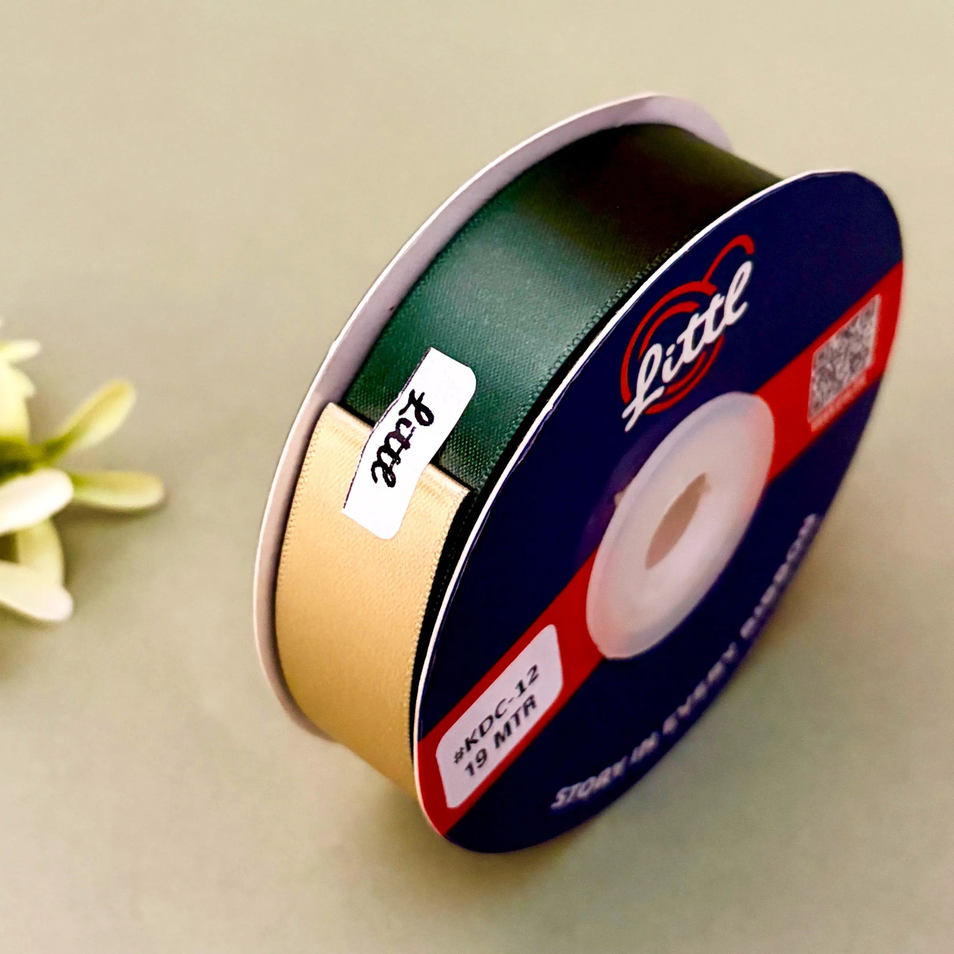 Ribbon--Satin Ribbon - Green & Cream-Littl Ribbons