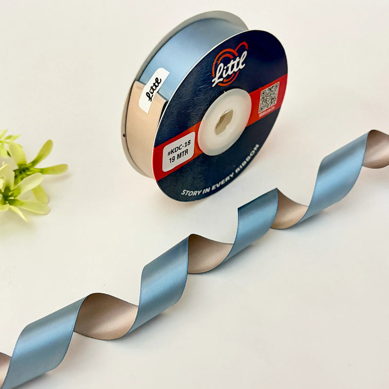 THE COASTAL MIST - Dusty Blue & Sand Beige Dual Tone Ribbon 20mm - 20mm reversible satin ribbon by Littl India