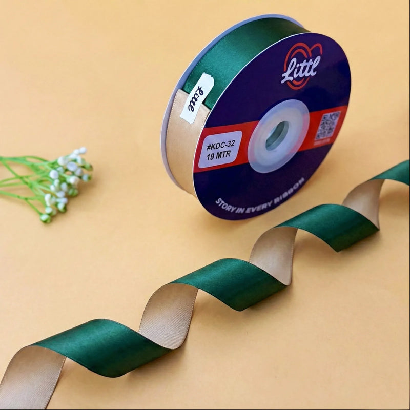 THE FOREST PATH - Beige & Hunter Green Dual Tone Ribbon 20mm - 20mm reversible satin ribbon by Littl India