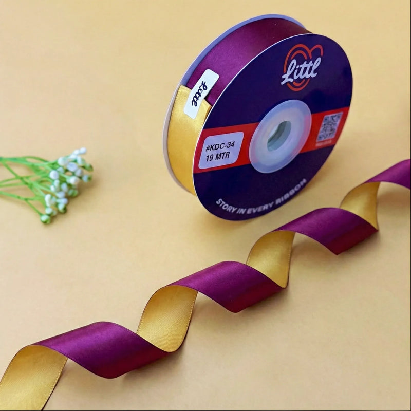 THE MYSORE SILK - Purple & Mustard Gold Dual Tone Ribbon 20mm - 20mm reversible satin ribbon by Littl India