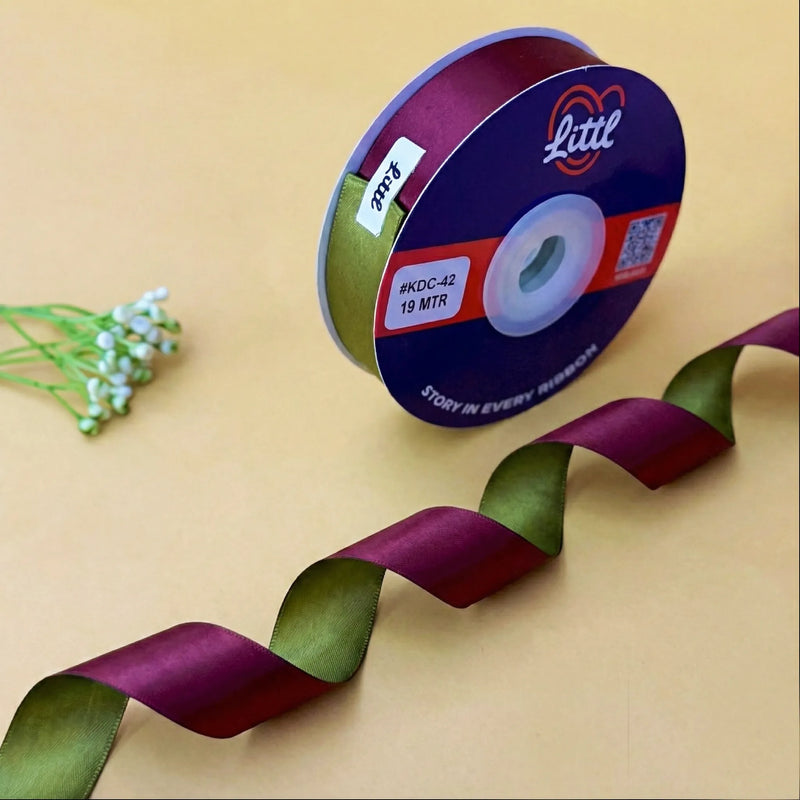 THE VINEYARD VELVET - Merlot & Olive Green Dual Tone Ribbon 20mm - 20mm reversible satin ribbon by Littl India