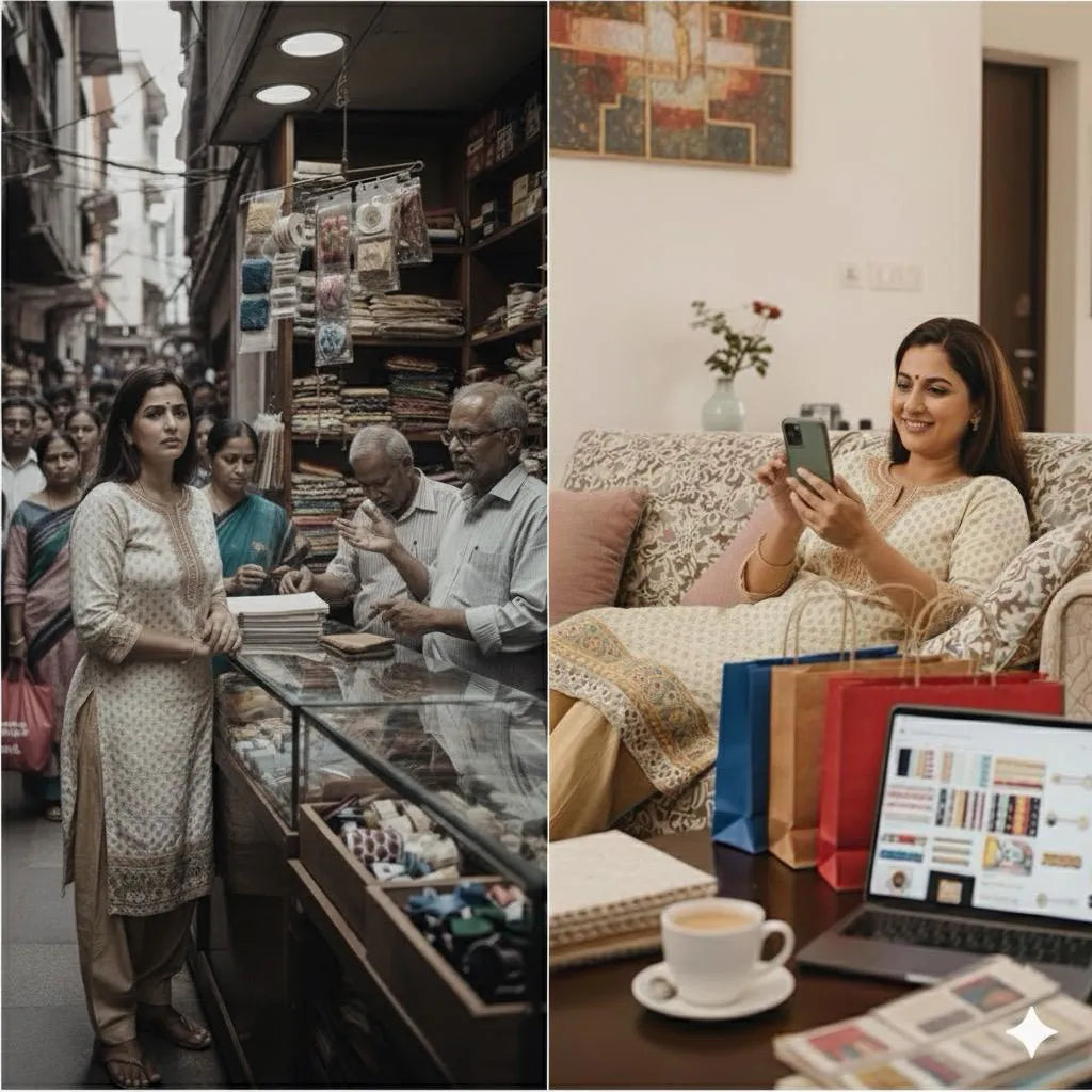 one of a woman buying laces in in Crowded market, the other of a woman sitting on a couch and ordering ribbons from Littl