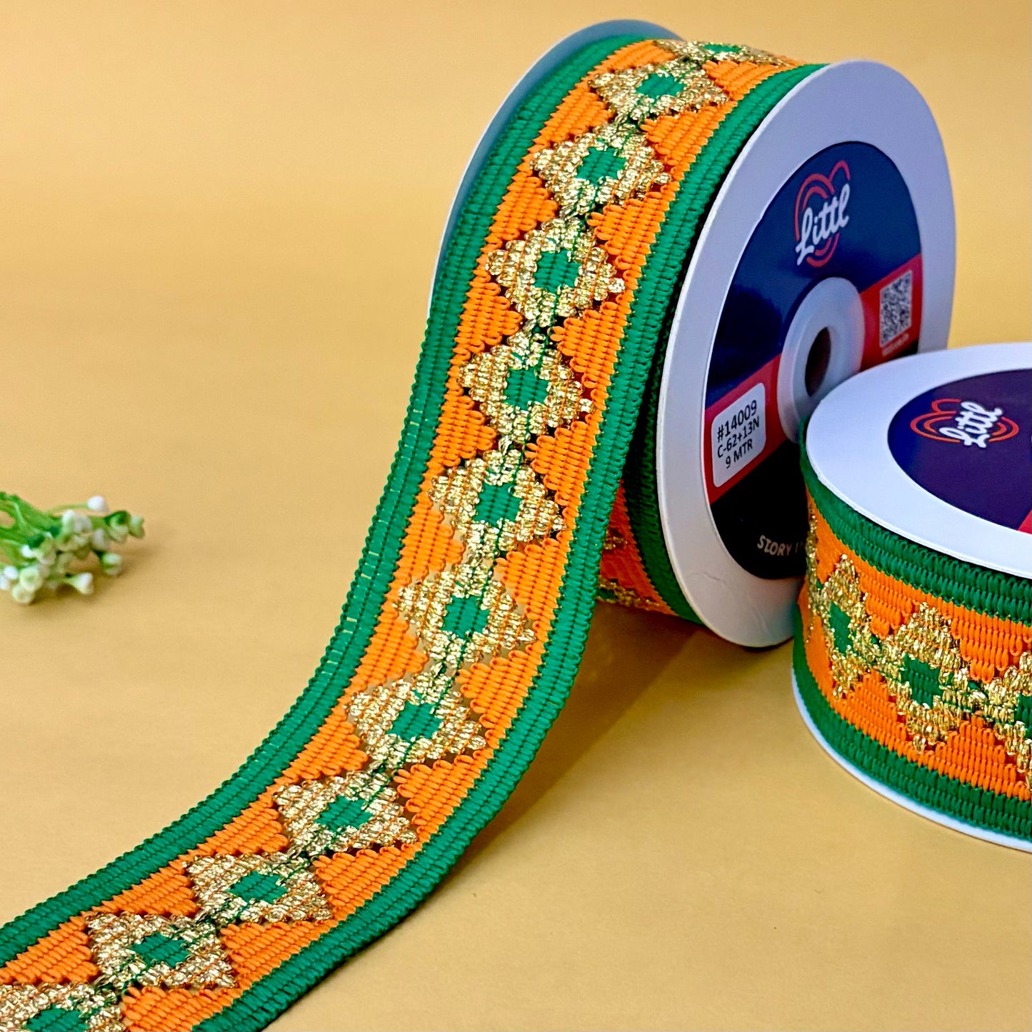 ribbon-orange-crochet lace with zari-littl ribbons