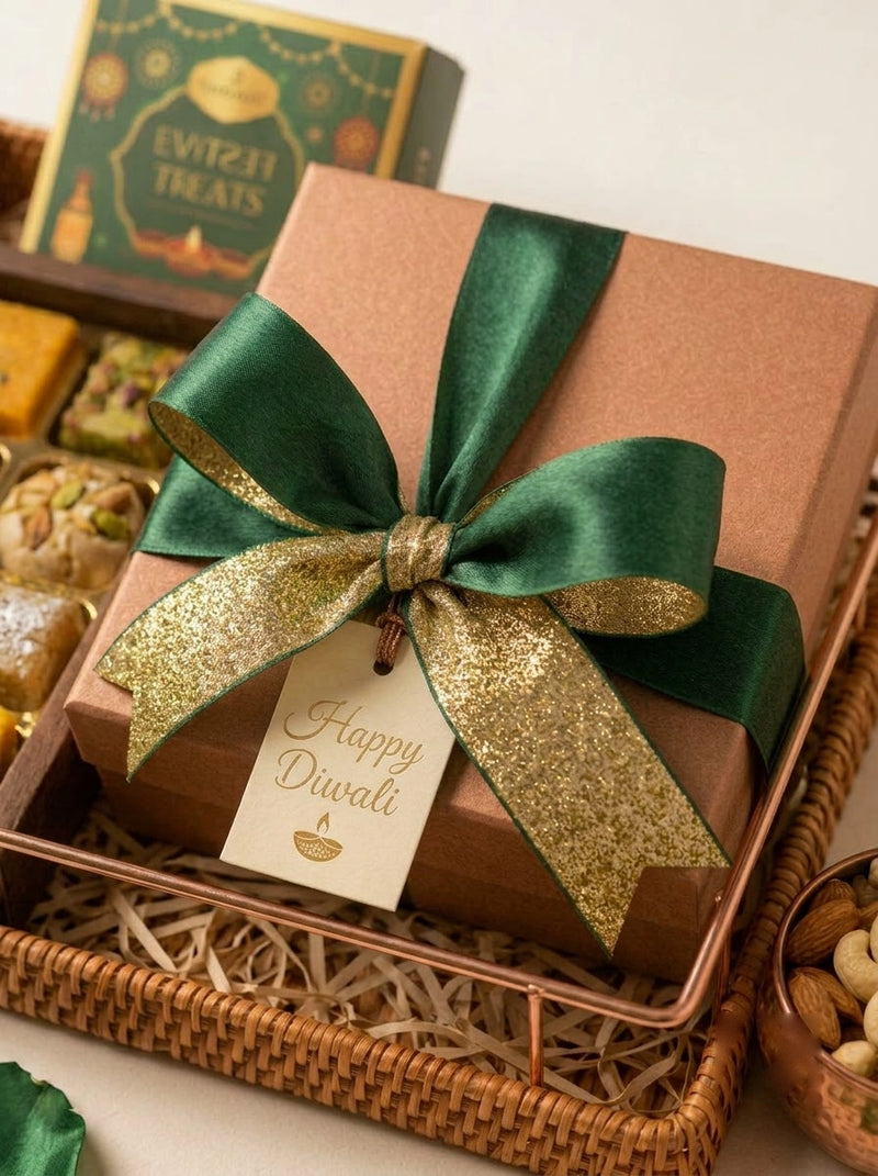 Diwali hamper box tied with a green and gold Duo Sheen satin ribbon bow and a Happy Diwali tag