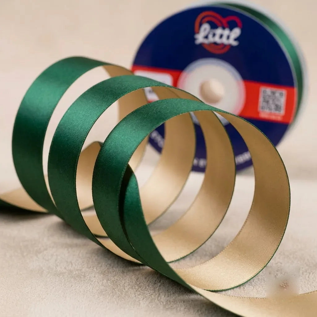 The Heritage Green – Bottle Green & Butter Cream Dual Tone Satin Ribbon, 12 & 3/4 inch (20 mm)   Littl