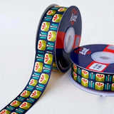 Tulip Tile Retro printed satin ribbon roll, cream tulips with red and teal petals in tiles on navy blue with a white back, 1 inch (25 mm) – Littl