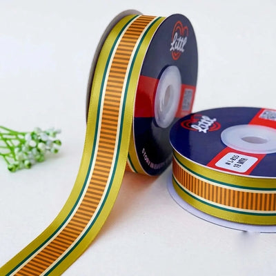 Olive Stripe Retro printed satin ribbon roll, an orange pinstripe band edged in olive and dark green with a white back, 1 inch (25 mm) – Littl