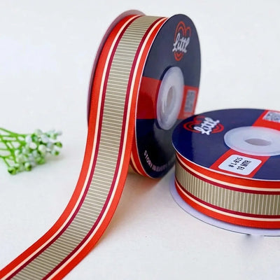 Scarlet Stripe Retro printed satin ribbon roll, a beige pinstripe band edged in scarlet and cream with a white back, 1 inch (25 mm) – Littl