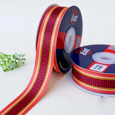 Berry Stripe Retro printed satin ribbon roll, a crimson pinstripe band edged in coral pink and gold with a white back, 1 inch (25 mm) – Littl