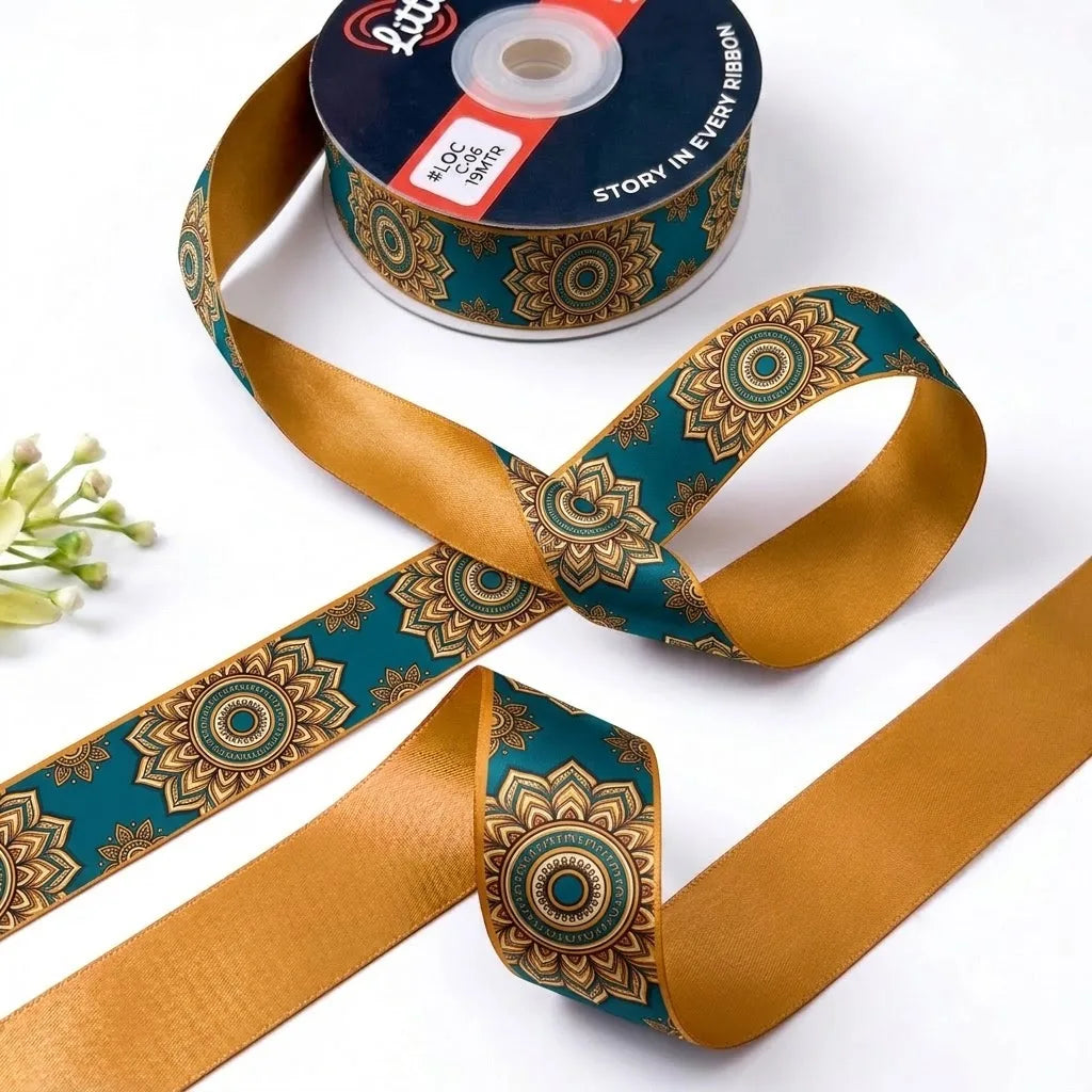 Teal Mandala ribbon twisted to show the printed front and solid mustard gold back