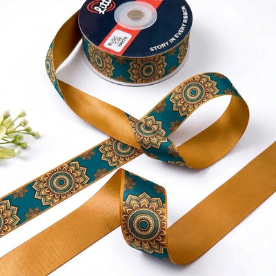 Teal Mandala ribbon twisted to show the printed front and solid mustard gold back
