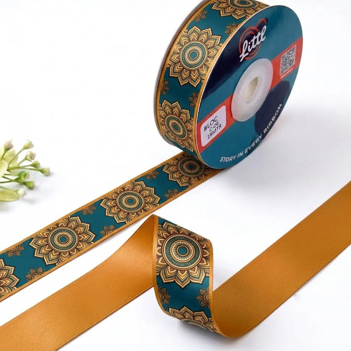 Teal Mandala Mughal printed satin ribbon roll, gold mandala medallions on deep teal with a solid mustard gold back, 1 inch (25 mm) – Littl