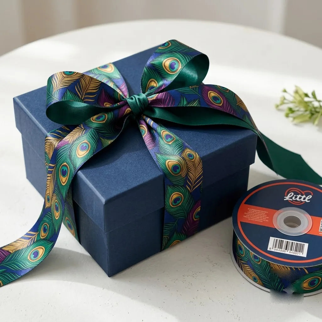 Gift wrapped with Peacock Plume Indian Art printed ribbon from Littl
