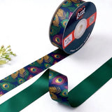 Peacock Plume Indian Art printed satin ribbon roll, jewel peacock feathers in teal, green and gold on deep violet with a solid emerald green back, 1 inch (25 mm) – Littl