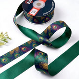 Peacock Plume ribbon twisted to show the printed front and solid emerald green back