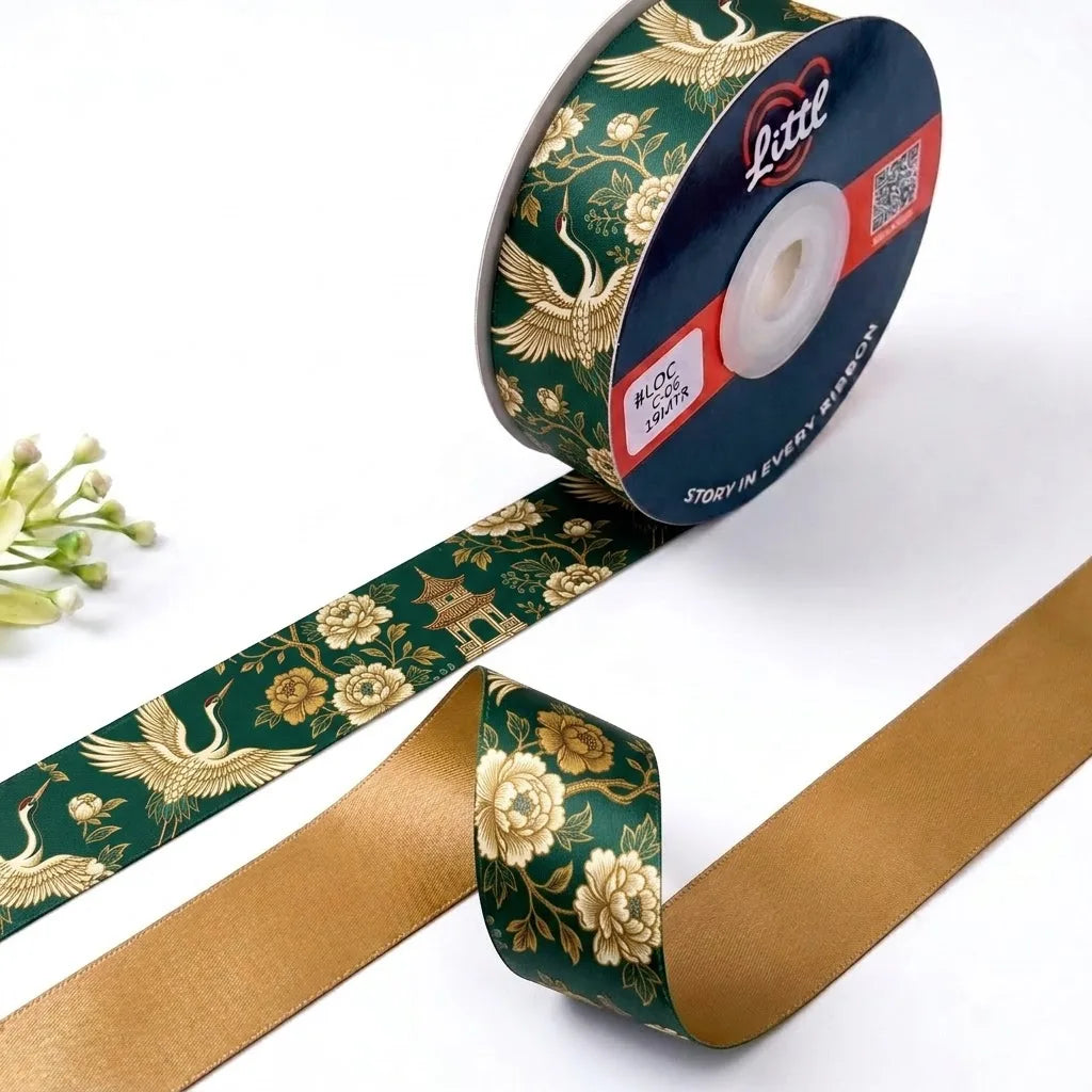 Crane Pavilion Chinoiserie printed satin ribbon roll, golden cranes, peonies and a pagoda on forest green with a solid antique gold back, 1 inch (25 mm) – Littl