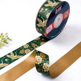 Crane Pavilion Chinoiserie printed satin ribbon roll, golden cranes, peonies and a pagoda on forest green with a solid antique gold back, 1 inch (25 mm) – Littl