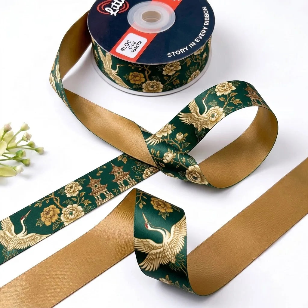 Crane Pavilion ribbon twisted to show the printed front and solid antique gold back