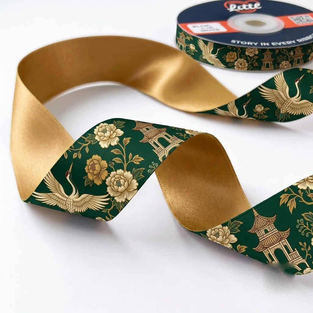 Close-up of Crane Pavilion ribbon: golden cranes, peonies and a pagoda printed on forest green satin