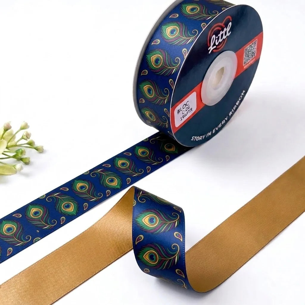 Mor Pankh Indian Art printed satin ribbon roll, peacock feathers in green, teal and gold on navy blue with a solid mustard gold back, 1 inch (25 mm) – Littl