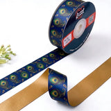 Mor Pankh Indian Art printed satin ribbon roll, peacock feathers in green, teal and gold on navy blue with a solid mustard gold back, 1 inch (25 mm) – Littl