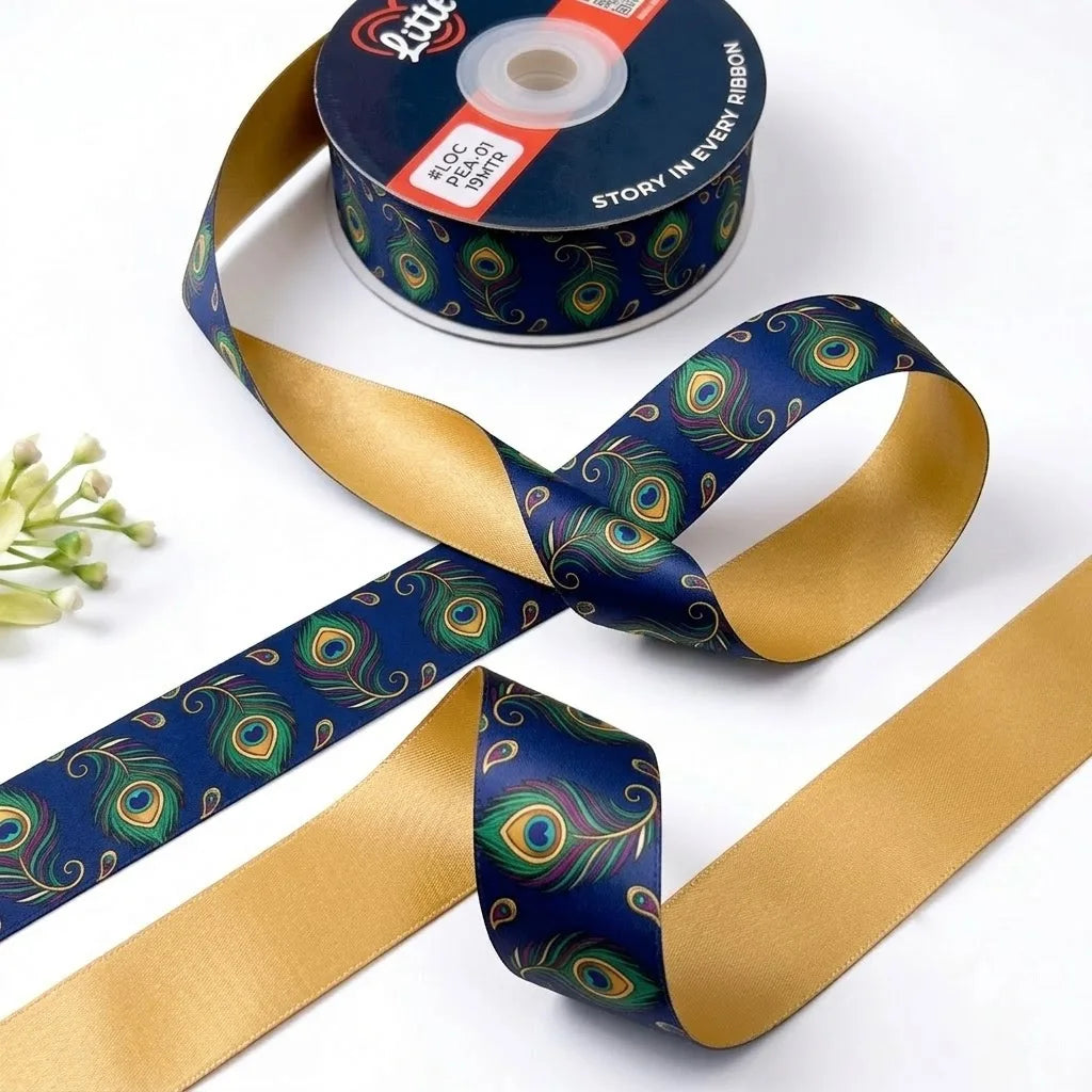 Mor Pankh ribbon twisted to show the printed front and solid mustard gold back