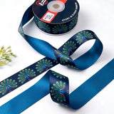 Dancing Peacock ribbon twisted to show the printed front and solid peacock blue back