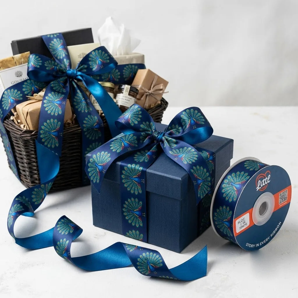 Gift wrapped with Dancing Peacock Indian Art printed ribbon from Littl