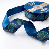 Close-up of Dancing Peacock ribbon: peacocks with open tails printed on navy blue satin