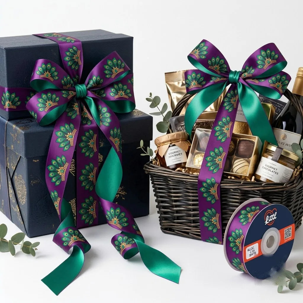 Gift wrapped with Peacock Fan Indian Art printed ribbon from Littl