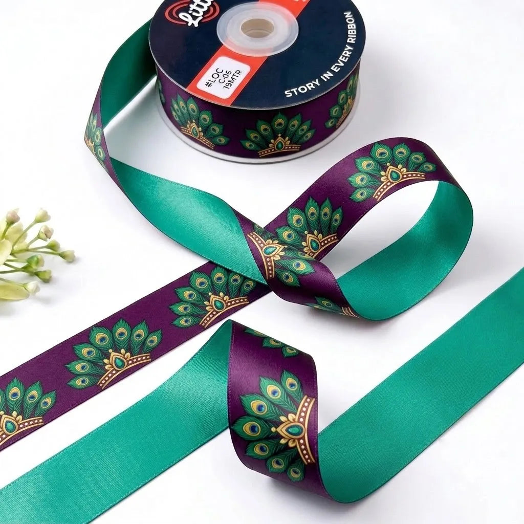 Peacock Fan ribbon twisted to show the printed front and solid jade green back
