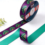 Peacock Fan Indian Art printed satin ribbon roll, emerald peacock fans with gold on plum purple with a solid jade green back, 1 inch (25 mm) – Littl