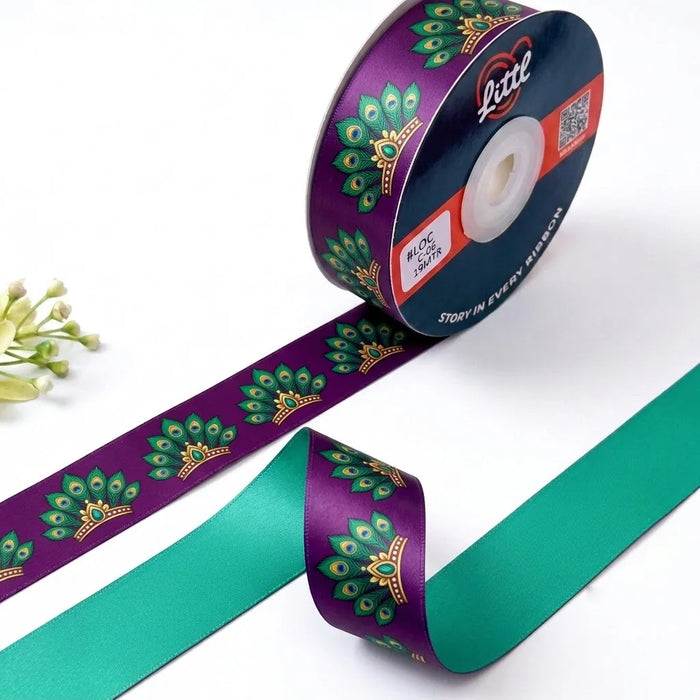 Peacock Fan Indian Art printed satin ribbon roll, emerald peacock fans with gold on plum purple with a solid jade green back, 1 inch (25 mm) – Littl