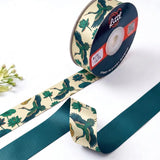 Crane & Lotus Japanese printed satin ribbon roll, green cranes in flight and lotus leaves on cream with a solid deep teal back, 1 inch (25 mm) – Littl