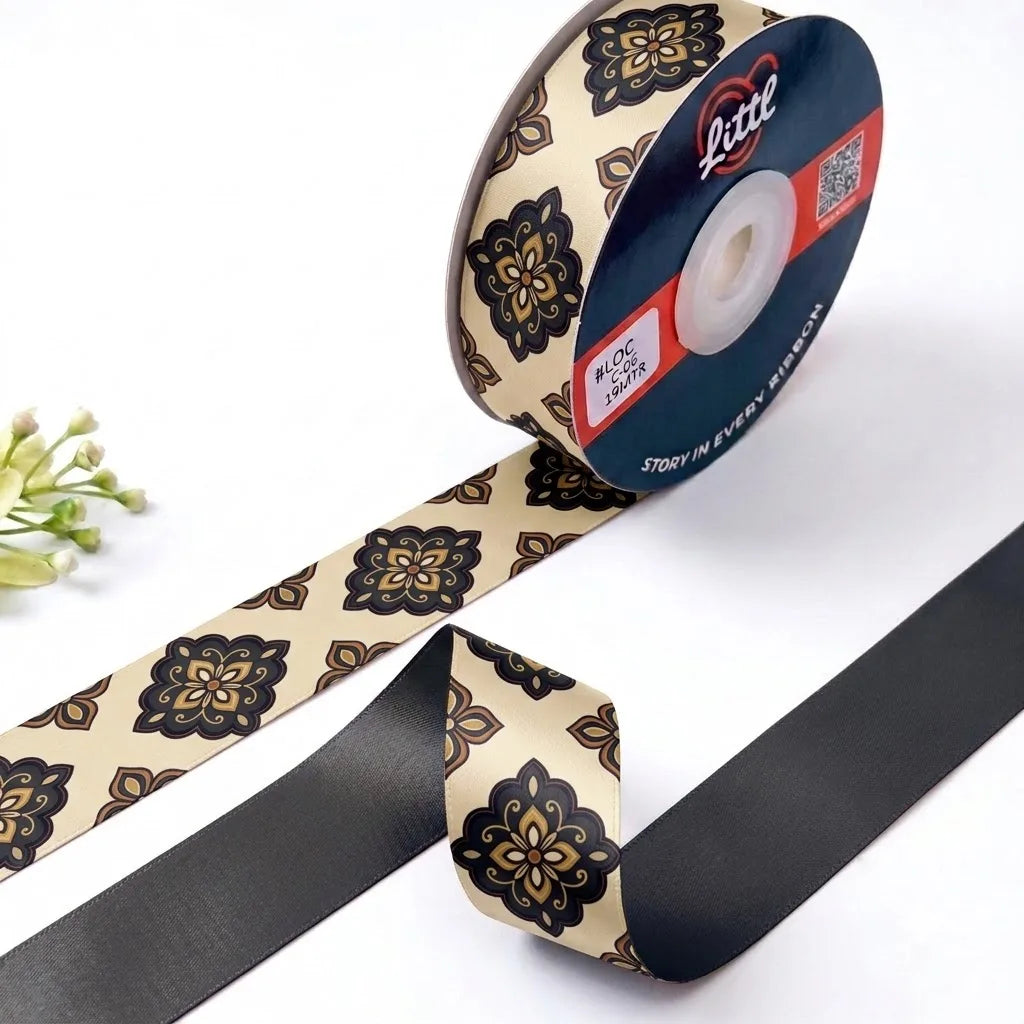 Damask Tile French printed satin ribbon roll, black and gold damask tiles on cream with a solid charcoal black back, 1 inch (25 mm) – Littl