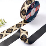 Damask Tile French printed satin ribbon roll, black and gold damask tiles on cream with a solid charcoal black back, 1 inch (25 mm) – Littl