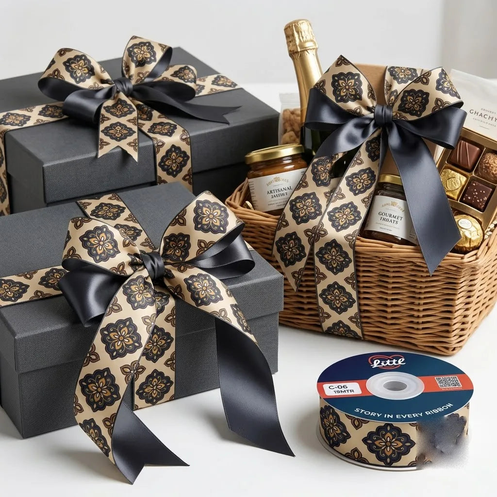 Gift wrapped with Damask Tile French printed ribbon from Littl