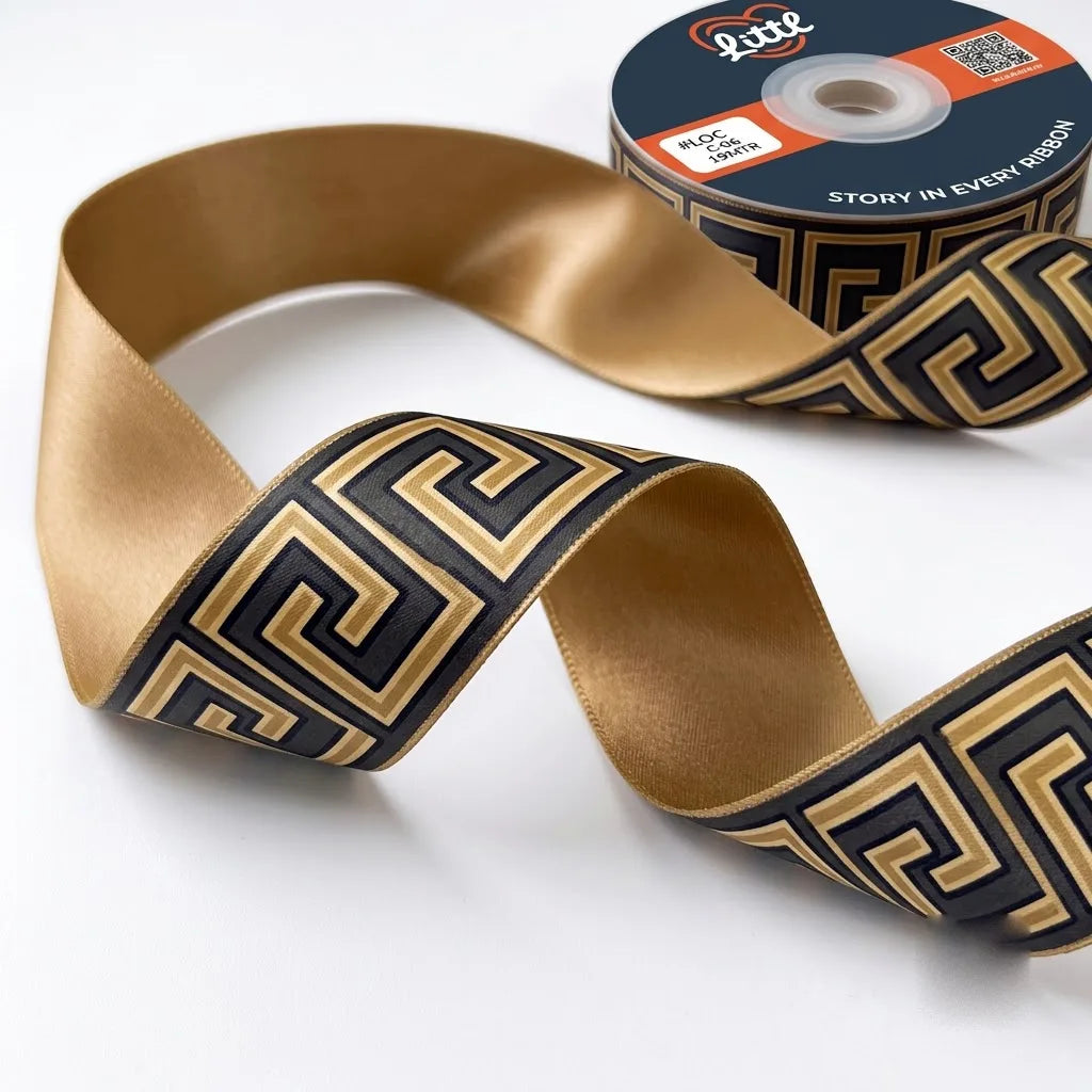 Close-up of Greek Key ribbon: a gold Greek key border printed on black satin