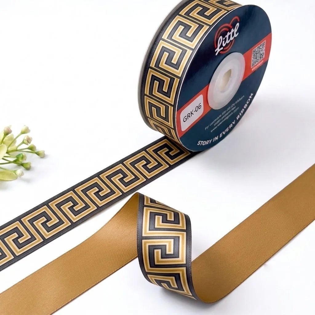 Greek Key Greek printed satin ribbon roll, a gold Greek key border on black with a solid antique gold back, 1 inch (25 mm) – Littl