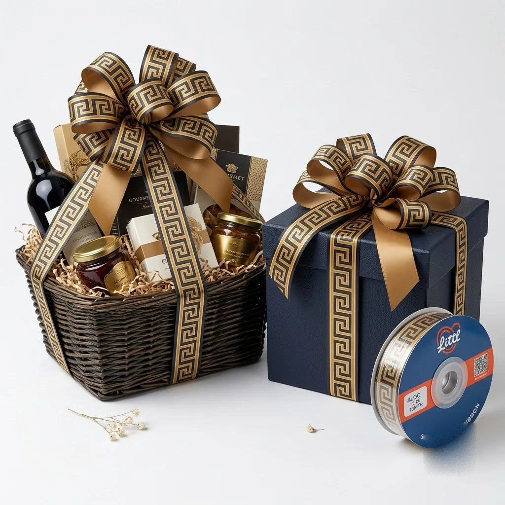 Gift wrapped with Greek Key Greek printed ribbon from Littl