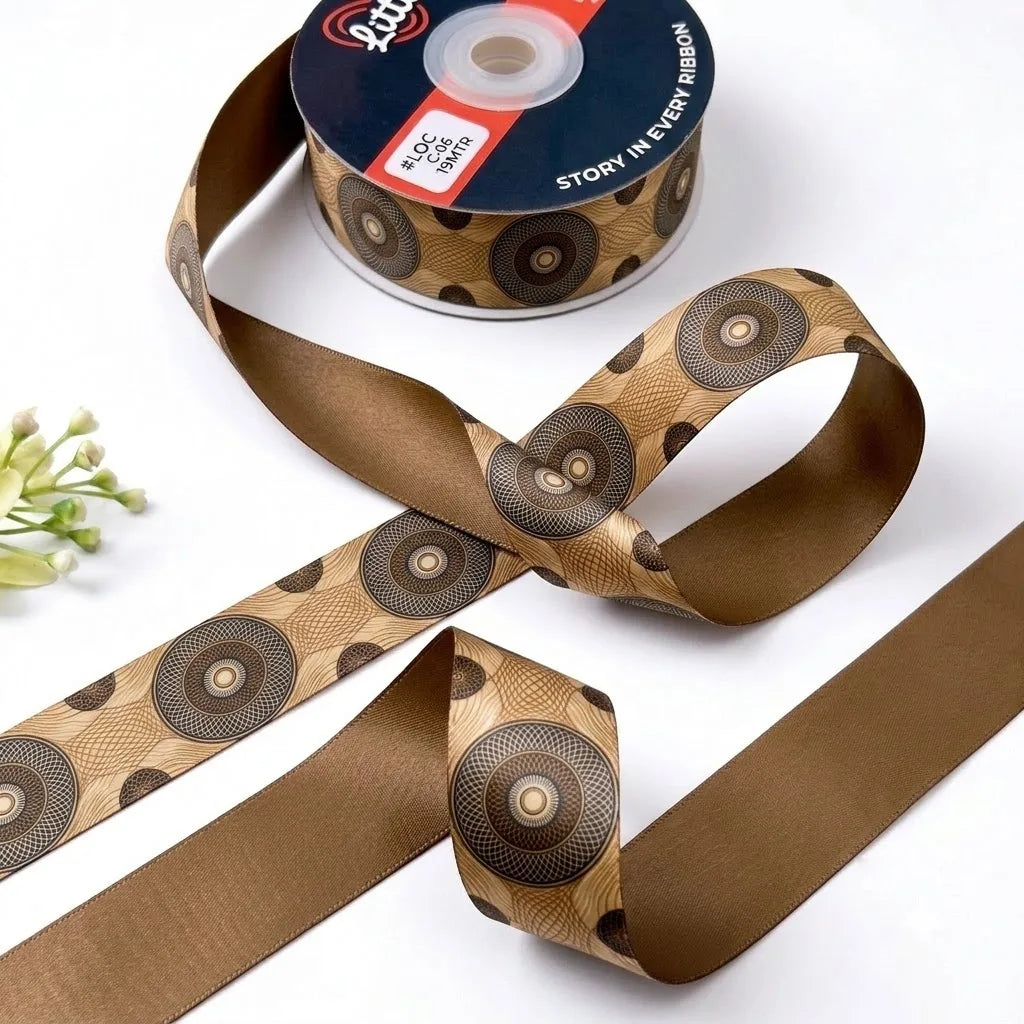 Deco Circles ribbon twisted to show the printed front and solid bronze brown back