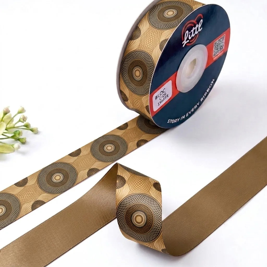 Deco Circles Art Deco printed satin ribbon roll, gold and bronze concentric circles on caramel brown with a solid bronze brown back, 1 inch (25 mm) – Littl